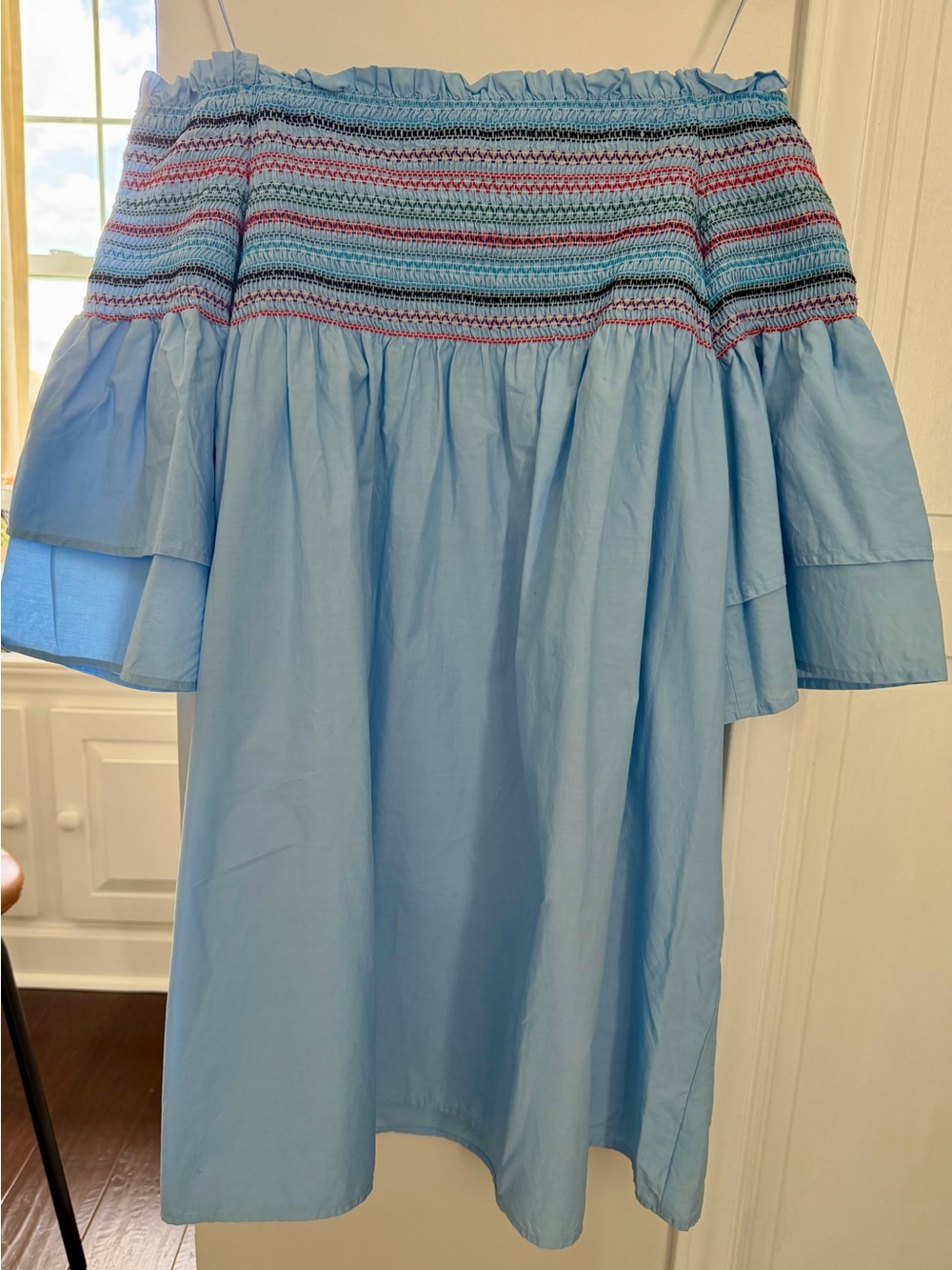 Sugarlips Light Blue Off-Shoulder Smocked Dress with Red & Navy Accents